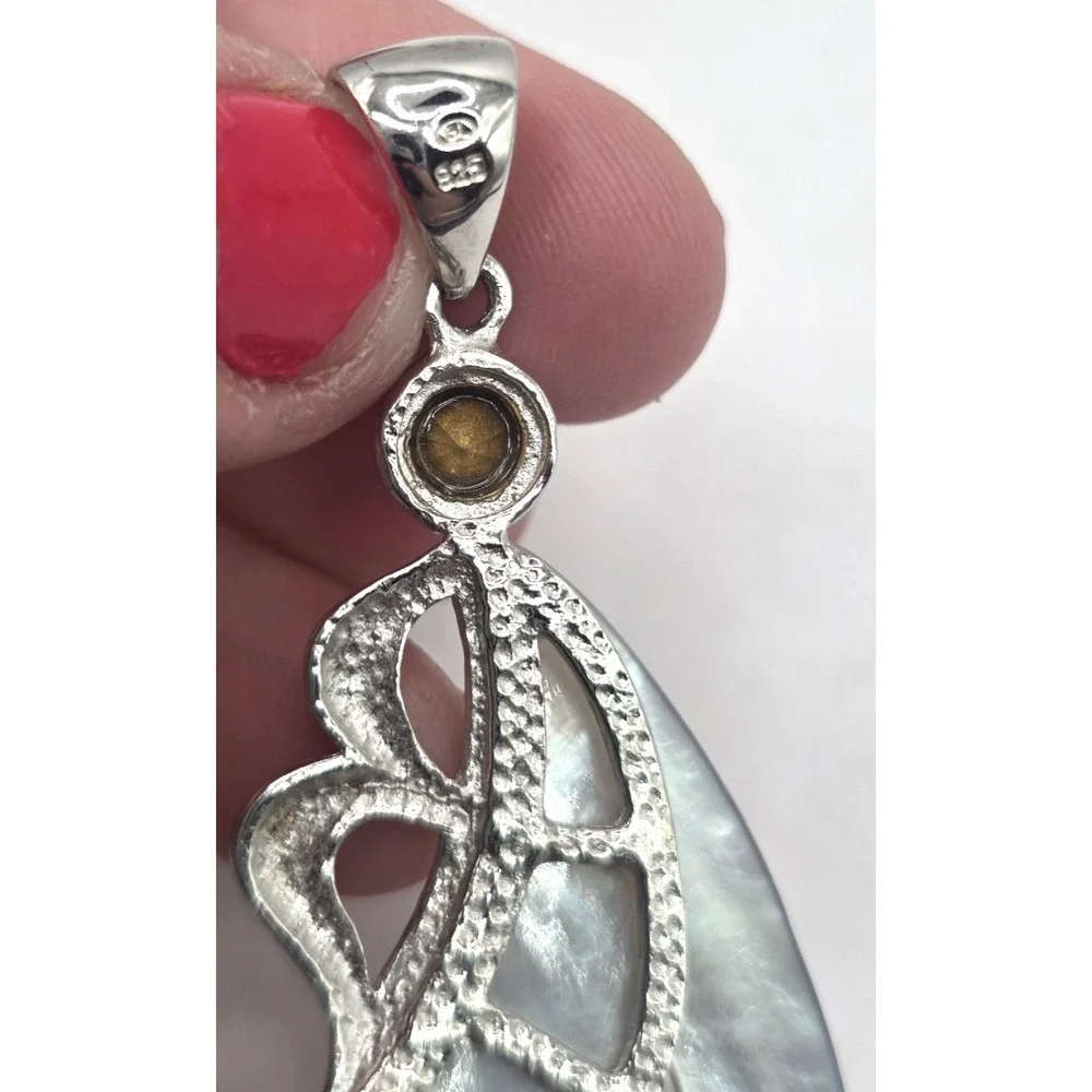 Mother of Pearl Wave Sterling Silver Letter‎ B CZ Pendent 2.5